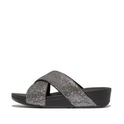 Sandały damskie FitFlop Lulu Cross Slide - Glitterball. Szare klapki damskie FIT FLOP, bez wzorów, z materiału, bez obcasa, bez zapięcia. Za 452.50 zł.