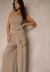 Brązowy Komplet Top Bandeau z Trenem i Spodnie o Szerokim Kroju Redomiae. Brązowe spodnie materiałowe damskie Renee, m, bez wzorów, z jeansu. Za 129.99 zł.