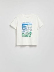 Bawełniany T-shirt z haftem - biały. Białe t-shirty damskie Reserved, l, bez wzorów, z bawełny, bez kołnierzyka. W wyprzedaży za 25.99 zł.