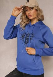 Granatowa Klasyczna Bluza z Nadrukiem na Przodzie i Kapturem Inalle. Niebieskie bluzy damskie Renee, na jesień, l, bez wzorów. Za 79.99 zł.