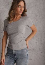 Szary T-shirt w Prążki z Marszczeniami po Bokach Nedala. Szare t-shirty i topy dla dziewczynek Renee, bez wzorów, bez ramiączek. Za 44.99 zł.