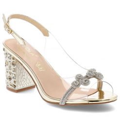 Sandały damskie S. Barski, na wysokim słupku transparentne z ozdobami i ze sprzączką, złote, MR51-705. Żółte sandały damskie S.BARSKI, bez wzorów, bez obcasa, na obcasie, bez zapięcia. Za 169.99 zł.