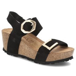 Czarne Sandały Yokono Eleganckie Obuwie Damskie Na Koturnie. Czarne klapki damskie Yokono, bez wzorów, ze skóry, bez obcasa, na koturnie, bez zapięcia. Za 279.00 zł.