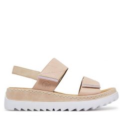 Sandały Rieker. Brązowe sandały damskie Rieker, bez wzorów, bez obcasa, na koturnie, bez zapięcia. Za 259.99 zł.