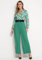 Zielono-Biały Kombinezon z Paskiem Góra w Print i Trójkątny Dekolt Hamiora. Zielone sukienki damskie Born2be, l, bez wzorów, eleganckie, bez kołnierzyka, bez ramiączek. Za 64.99 zł.