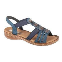Sandały Damskie W Kształcie Litery T. Niebieskie sandały damskie Rieker, bez wzorów, z gumy, bez obcasa, na obcasie, bez zapięcia. Za 369.99 zł.