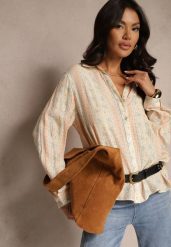 Beżowa Koszula z Wiskozy Zdobiona Drobnym Kwiatowym Wzorem Aredina. Brązowe bluzki damskie Renee, l, z aplikacjami, z materiału, eleganckie, bez kołnierzyka, bez ramiączek. Za 89.99 zł.