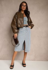 Jasnoniebieska Jeansowa Spódnica z Bawełny High Waist z Rozcięciem i Paskiem w Zestawie Isanira. Niebieskie spódnice damskie Renee, l, bez wzorów, z bawełny, biznesowe, z podwyższonym stanem, midi, proste. Za 129.99 zł.