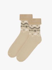 Beżowe skarpetki świąteczne unisex w śnieżynki. Brązowe skarpety damskie Ryłko, bez wzorów, z bawełny. Za 24.99 zł.