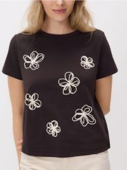 T-shirt z kwiatową aplikacją - ciemnobrązowy. Brązowe t-shirty damskie Reserved, l, z aplikacjami, z bawełny, bez kołnierzyka. Za 79.99 zł.