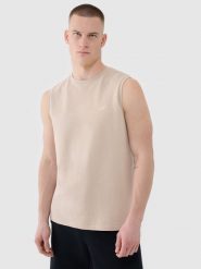 4F Tank top regular gładki męski - beżowy L. Brązowe koszulki sportowe męskie 4f, l, bez wzorów, z bawełny, klasyczne, bez kołnierzyka. W wyprzedaży za 49.99 zł.