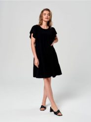 Sukienka mini z lnem - czarny. Czarne sukienki damskie Sinsay, l, bez wzorów, ze skóry, bez kołnierzyka, bez ramiączek, mini. W wyprzedaży za 33.99 zł.