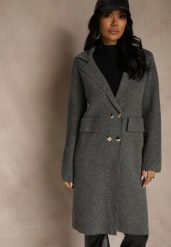 Szary Płaszcz Dwurzędowy o Długim Kroju w Eleganckim Stylu Saratusa. Szare płaszcze damskie Renee, bez wzorów, z jeansu, biznesowe, długie, bez kaptura. Za 139.99 zł.