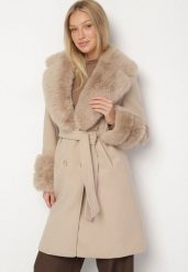 Beżowy Elegancki Płaszcz o Dwurzędowym Kroju z Futerkiem Landrie. Brązowe płaszcze damskie Born2be, xl, bez wzorów, z dzianiny, eleganckie, bez kaptura. Za 279.99 zł.