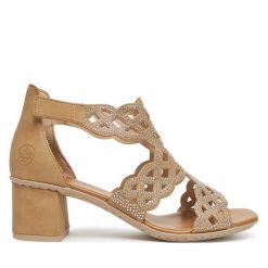 Sandały Rieker. Brązowe sandały damskie Rieker, bez wzorów, bez obcasa, na słupku, bez zapięcia. Za 349.99 zł.