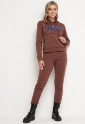 Brązowy Ocieplany Komplet Dresowy z Bawełny Joggery i Bluza z Kapturem i Nadrukiem Filola. Brązowe bluzy damskie Born2be, m, z aplikacjami, z bawełny, z kapturem. Za 89.99 zł.
