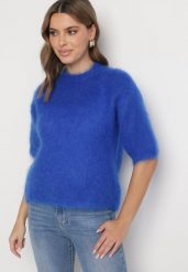 Niebieski Moherowy Sweter o Kroju Nietoperza z Rękawami 3/4 Eleanira. Niebieskie swetry damskie Born2be, na zimę, uniwersalny, z aplikacjami, z jeansu, eleganckie, bez kołnierzyka, bez ramiączek, bez kaptura. Za 299.99 zł.