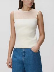 Bluzka z wiskozą - kremowy. Białe bluzki damskie Reserved, l, bez wzorów, z lyocellu, bez kołnierzyka, bez ramiączek. Za 99.99 zł.