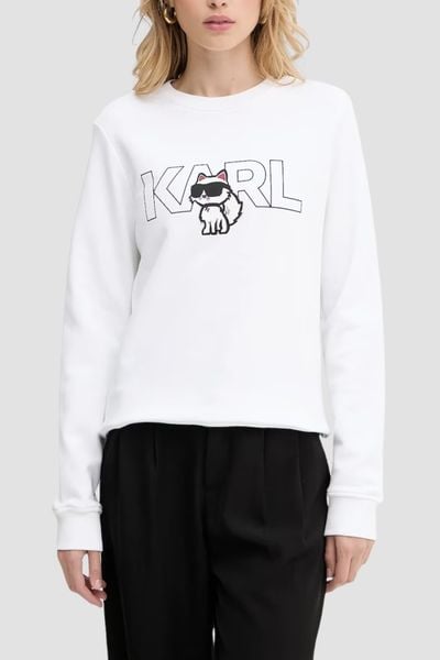 KARL LAGERFELD Biała bluza damska Ikon z nadrukiem, Rozmiar L. Białe bluzy damskie KARL LAGERFELD, l, bez wzorów, z bawełny, bez kaptura. W wyprzedaży za 459.99 zł.