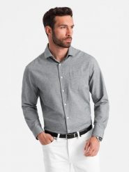 Koszula męska z kieszenią REGULAR FIT - szary melanż V3 - Rozmiar: XXL. Szare koszule męskie Ombre Clothing, m, bez wzorów, z bawełny, bez kołnierzyka, bez ramiączek. W wyprzedaży za 49.99 zł.