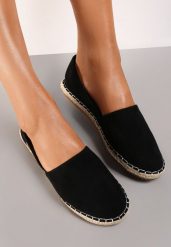 Czarne Espadryle Specialty. Czarne espadryle damskie Renee, w ażurowe wzory, z jeansu, bez obcasa, bez zapięcia. Za 74.99 zł.
