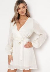 Biała Rozkloszowana Sukienka Mini z Gumką w Pasie Gaiame. Białe sukienki damskie Born2be, l, bez wzorów, z materiału, bez kołnierzyka, bez ramiączek, mini, rozkloszowane. Za 109.99 zł.