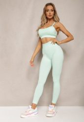 Miętowy Elastyczny Komplet Fitness Usztywniany Biustonosz i Legginsy z Gumką Orbinra. Zielone legginsy damskie Renee, m, bez wzorów, na fitness i siłownię. Za 59.99 zł.