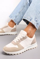 Biało-Ciemnobeżowe Sznurowane Sneakersy na Płaskiej Podeszwie z Wycięciami i Wstawkami Zaylynn. Brązowe obuwie sportowe damskie Renee, bez wzorów, ze skóry. Za 89.99 zł.