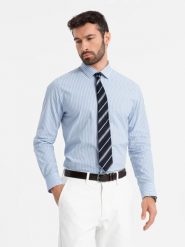 Męska koszula bawełniana REGULAR FIT w pionowe paski - błękitno-biała - Rozmiar: L. Niebieskie koszule męskie Ombre Clothing, l, bez wzorów, z bawełny, klasyczne, bez kołnierzyka, bez ramiączek. W wyprzedaży za 79.99 zł.