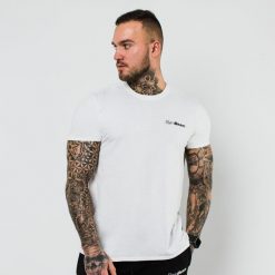 Koszulka męska fitness z krótkim rękawem Basic. Białe koszulki sportowe męskie GYMBEAM, m, bez wzorów, z bawełny, bez kołnierzyka, bez ramiączek, na fitness i siłownię. Za 42.90 zł.