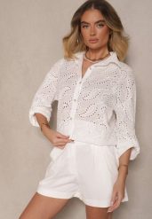 Biała Ażurowa Koszula z Bawełny Zdobiona Haftem Reivalora. Białe bluzki damskie Renee, m, z aplikacjami, z bawełny, eleganckie, bez kołnierzyka, bez ramiączek. Za 84.99 zł.