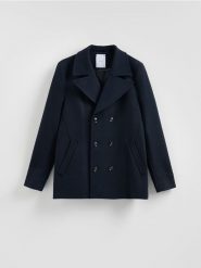 Dwurzędowy płaszcz z dodatkiem wełny - granatowy. Niebieskie płaszcze męskie Reserved, l, bez wzorów, z tkaniny, bez kaptura. Za 299.99 zł.