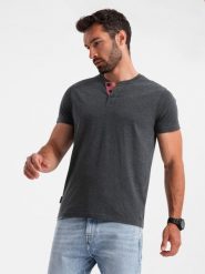 Męski t-shirt z rozpinanym okrągłym dekoltem henley – czarny V4 - Rozmiar: XXL. Czarne t-shirty męskie Ombre Clothing, m, bez wzorów, z bawełny, bez kołnierzyka. Za 109.99 zł.