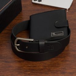 Zestaw prezentowy męski skórzany pasek portfel pudełko premium czarny Beltimore Z27. Czarne paski damskie bez wzorów. Za 129.99 zł.