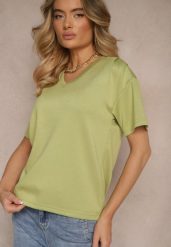 Zielony T-shirt z Dekoltem w Serek Fonellea. Zielone bluzki damskie Renee, l, bez wzorów, z jeansu, bez kołnierzyka. Za 39.99 zł.