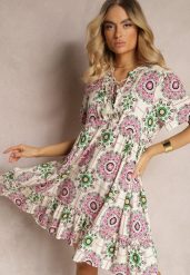 Różowa Sukienka z Wiskozowej Tkaniny w Mozaikowy Wzór Boho Naviera. Czerwone sukienki damskie Renee, na imprezę, na lato, l, bez wzorów, z tkaniny, boho, bez kołnierzyka, bez ramiączek, mini. Za 69.99 zł.