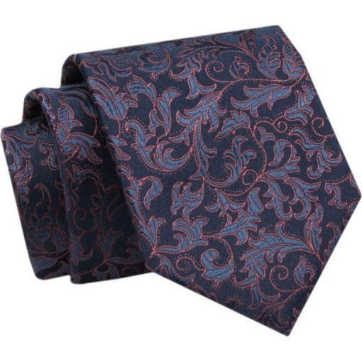 Krawat - ALTIES - Granat z Pomarańczowym Motywem Kwiatowym. Niebieskie krawaty i muchy Alties, bez wzorów, z tkaniny, eleganckie. Za 49.00 zł.