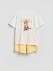 Dwuczęściowa piżama z nadrukiem - żółty. Żółte piżamy damskie Reserved, l, bez wzorów, z bawełny, bez ramiączek. Za 99.99 zł.