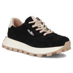 Skórzane półbuty sneakersy na platformie czarne Filippo DP7498. Czarne półbuty damskie Filippo, bez wzorów, ze skóry, sportowe, bez obcasa, na platformie, bez zapięcia. Za 219.99 zł.