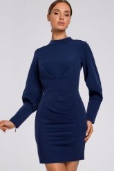 Elegancka sukienka z marszczeniami i bufiastymi rękawami granat. Sukienki damskie Sukienki.shop, do pracy, xl, bez wzorów, z elastanu, biznesowe, bez kołnierzyka, bez ramiączek, mini. W wyprzedaży za 209.00 zł.
