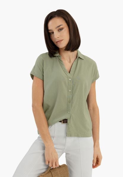 Koszula z lnem C-GUARE. Zielone koszule damskie Volcano, na lato, s, bez wzorów, ze lnu, klasyczne, bez kołnierzyka, bez ramiączek. Za 119.99 zł.