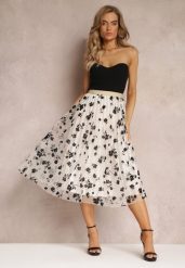 Jasnobeżowa Spódnica Midi Tiulowa z Welurowymi Kwiatami i Gumką w Talii Zihrosa. Brązowe spódnice damskie Renee, bez wzorów, z tiulu, midi, rozkloszowane. Za 69.99 zł.