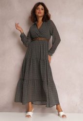 Czarna Sukienka Z Paskiem Agareope. Czarne sukienki damskie Renee, l, bez wzorów, z tkaniny, bez kołnierzyka, bez ramiączek, maxi, kopertowe. Za 129.99 zł.