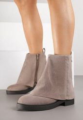 Beżowe Botki z Imitacji Zamszu z Wywiniętą Cholewką Rilesea. Brązowe botki damskie Born2be, na jesień, z dzianiny, eleganckie, bez obcasa, na płaskiej podeszwie, bez zapięcia. Za 159.99 zł.