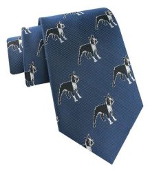Jedwabny Krawat Męski - His Story - Niebieski, Wzór Psów (Boston Terrier). Niebieskie krawaty i muchy His Story, bez wzorów, z jedwabiu, eleganckie. Za 115.00 zł.