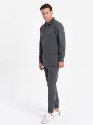 Komplet męski dresowy bluza z kołnierzem polo + spodnie - grafitowy melanż V1 Z71 - XL. Szare bluzy męskie Ombre Clothing, m, bez wzorów, z bawełny. Za 209.99 zł.
