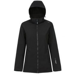 Kurtka turystyczna damska z kapturem i zamkiem CMP. Czarne kurtki sportowe damskie CMP, bez wzorów, z softshellu, z kapturem, trekkingowe. Za 451.40 zł.