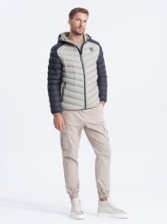 Sportowa kurtka męska pikowana - popielata V11. Szare kurtki męskie Ombre Clothing, m, bez wzorów, z poliesteru, sportowe, bez kaptura. W wyprzedaży za 79.99 zł.