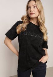 Czarny Bawełniany T-shirt Oversize z Haftowanym Napisem z Cekinami Aewai. Czarne bluzki damskie Born2be, m, bez wzorów, z bawełny, eleganckie, bez kołnierzyka, bez ramiączek. Za 59.99 zł.