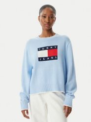 Tommy Jeans Sweter Intarsia Flag Badge DW0DW22316 Niebieski jasny Relaxed Fit. Niebieskie swetry damskie Tommy Jeans, xs, bez wzorów, z bawełny, bez kołnierzyka, bez ramiączek, bez kaptura. Za 409.99 zł.